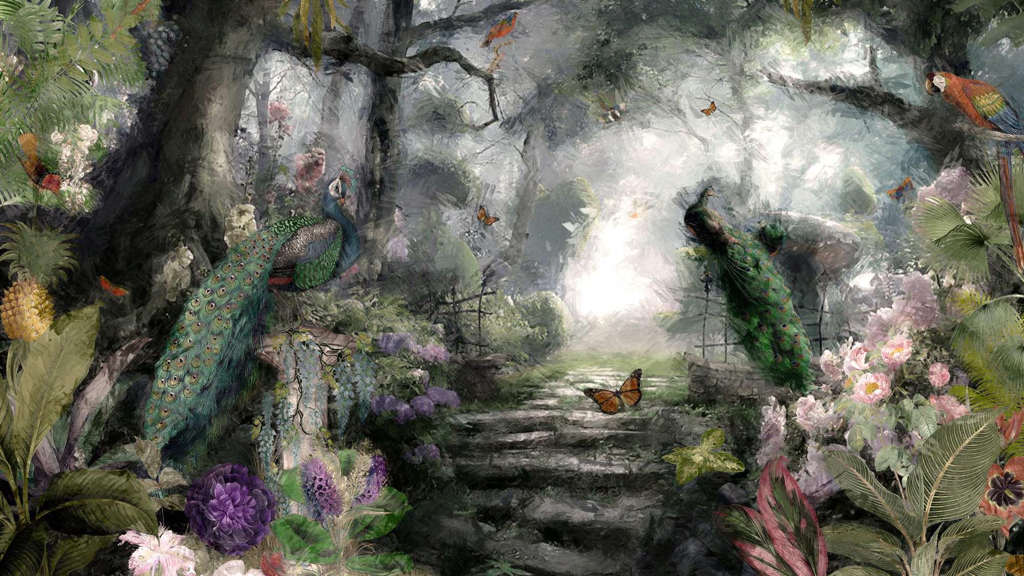 Mural Cryptic Garden 2 Wallpaper and Wall Murals South Africa Enchanted Peacock Grove, peacocks and botanical garden in green and pink mural - WallpaperOnline