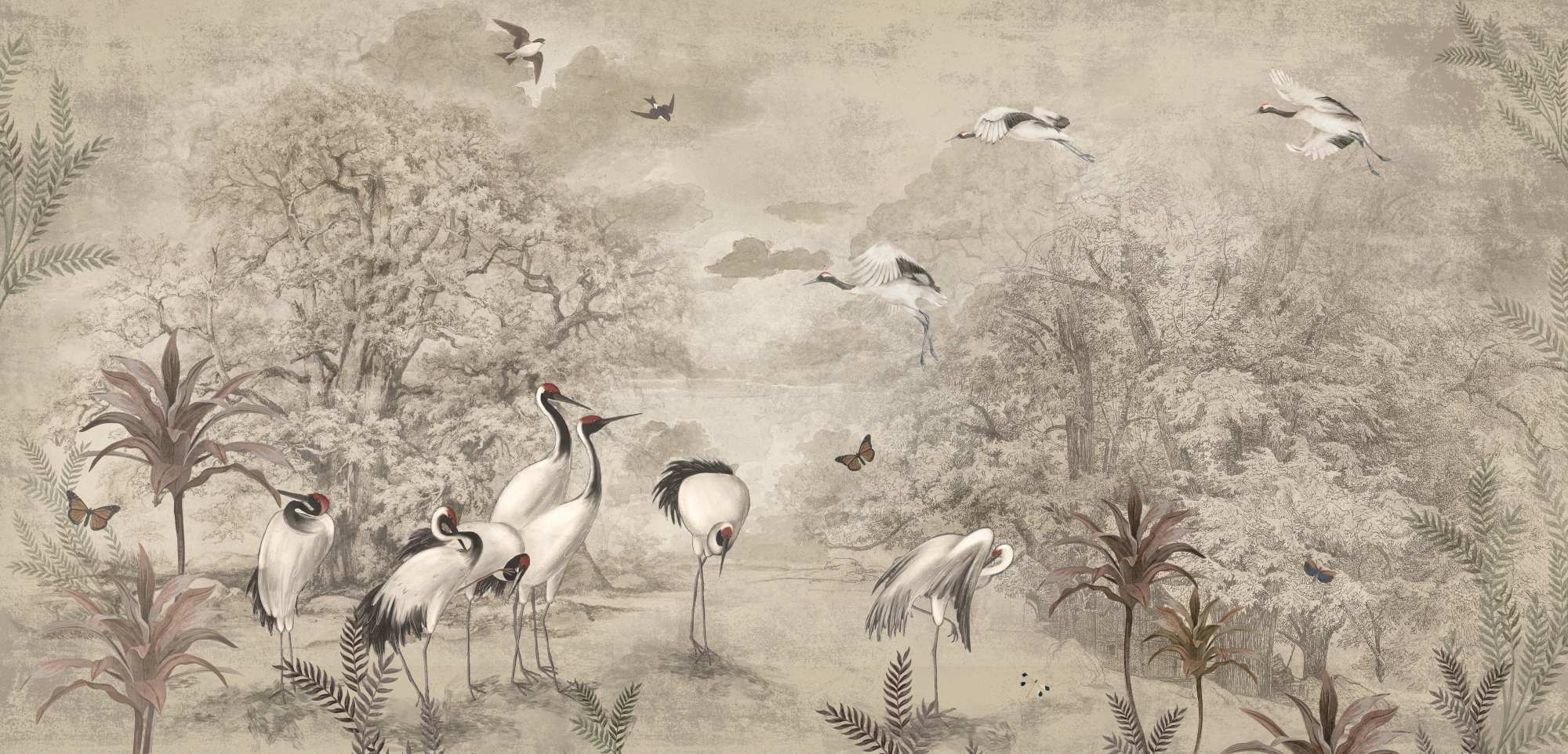 Mural Storks in Eden 2 Wallpaper and Wall Murals South Africa Mural Storks in Eden, cranes in beige and grey mural - WallpaperOnline