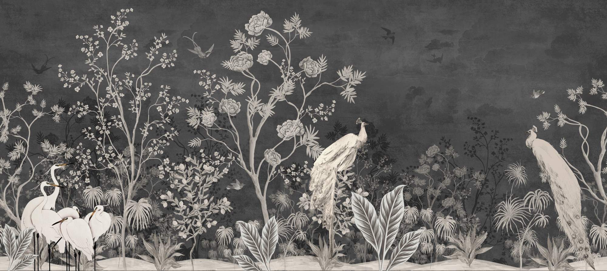 Mural Midnight Oriental 2 Wallpaper and Wall Murals South Africa Mural Midnight Oriental, peacocks and egrets in charcoal and cream mural - WallpaperOnline