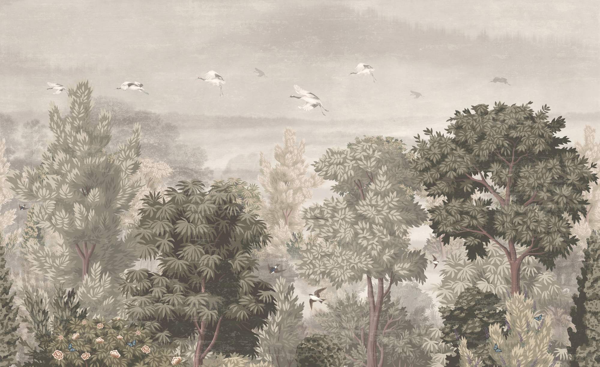 Mural Canopy Paradise 2 Wallpaper and Wall Murals South Africa Canopy Paradise, forest canopy with cranes in flight in green and grey mural - WallpaperOnline