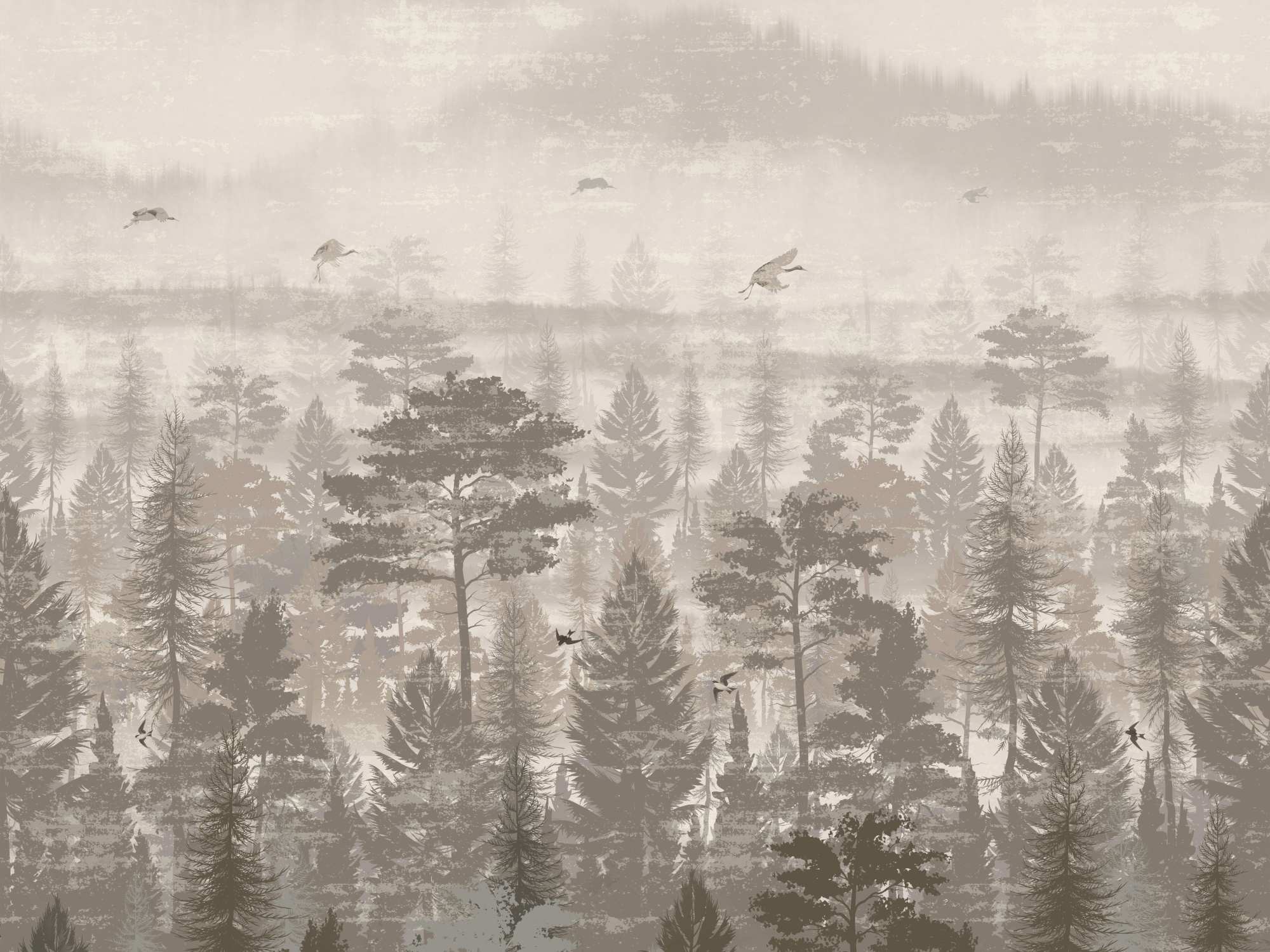 Mural Sepia Town 2 Wallpaper and Wall Murals South Africa Mural Sepia Town, misty pine forest with cranes in taupe and beige mural - WallpaperOnline