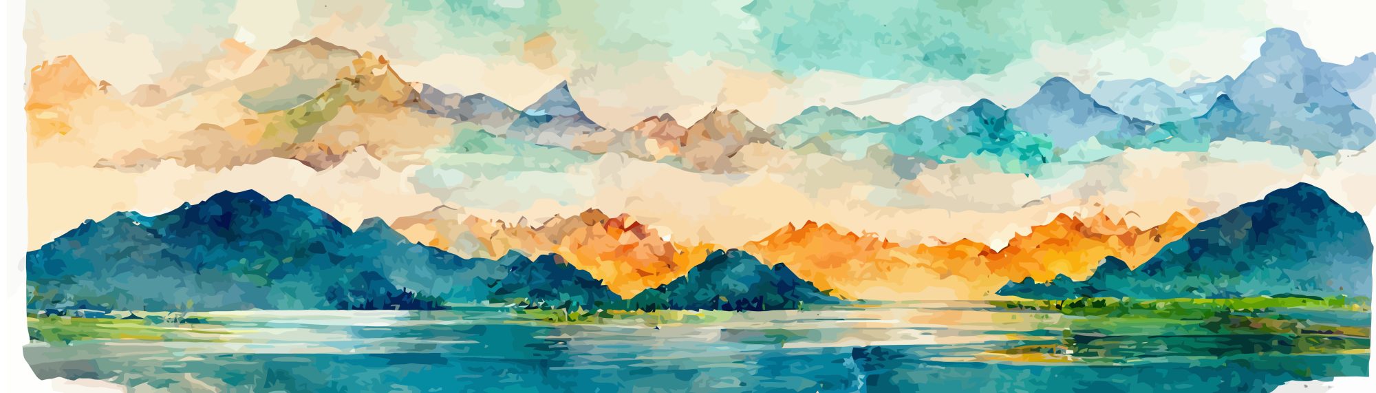 Mural Peaks and Valleys 2 Wallpaper and Wall Murals South Africa Mural Peaks and Valleys, mountain and lake scene in teal and amber mural - WallpaperOnline