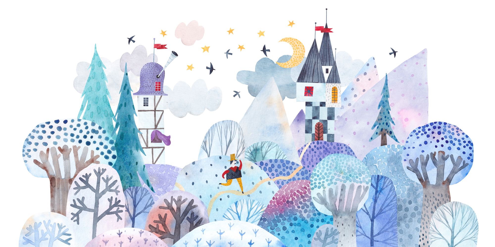 Mural Potter Kids 2 Wallpaper and Wall Murals South Africa Mural Potter Kids, fairytale village scene in blue and purple mural - WallpaperOnline