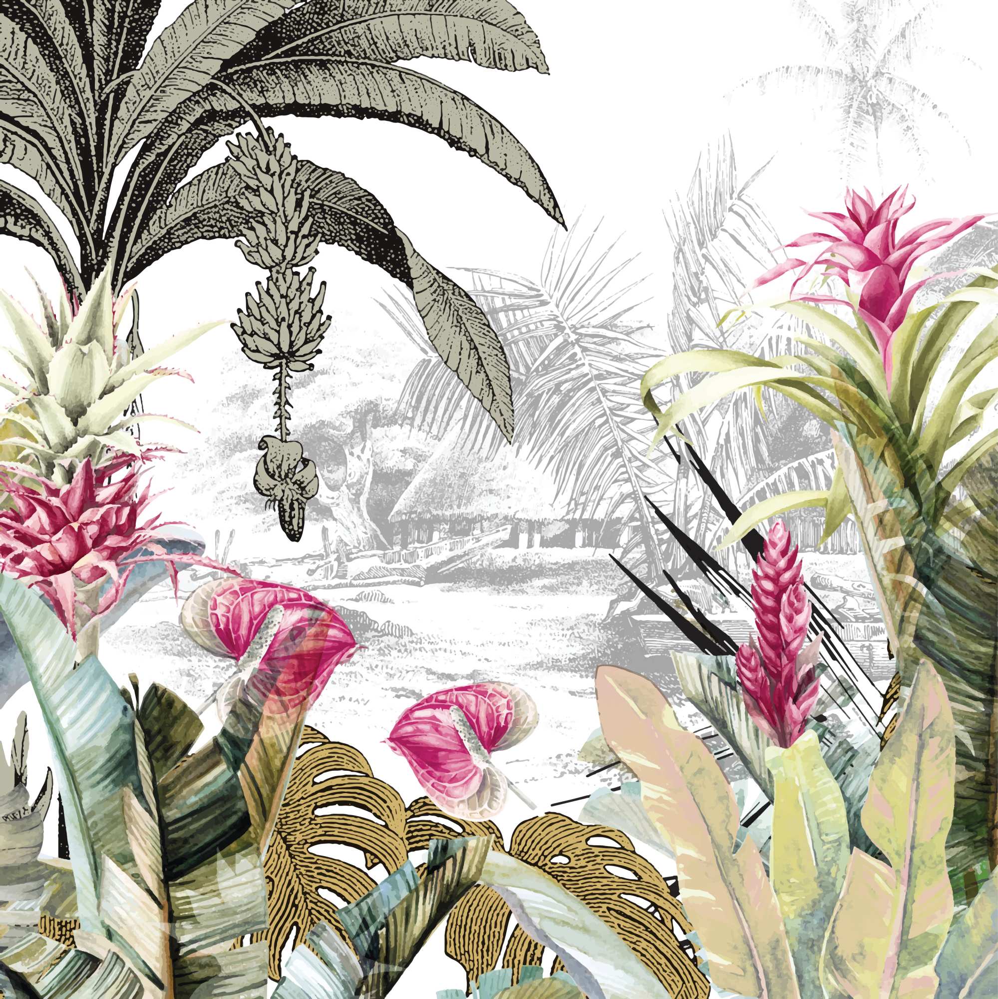 Mural Foliage Harmony 2 Wallpaper and Wall Murals South Africa Mural Foliage Harmony, tropical jungle foliage in green, pink and white mural - WallpaperOnline
