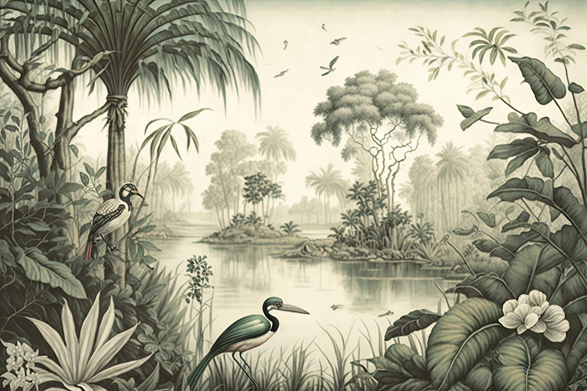 Mural Nature's Vintage Symphony 2 Wallpaper and Wall Murals South Africa Nature's Vintage Symphony, jungle river scene with birds in sage green and ivory mural - WallpaperOnline