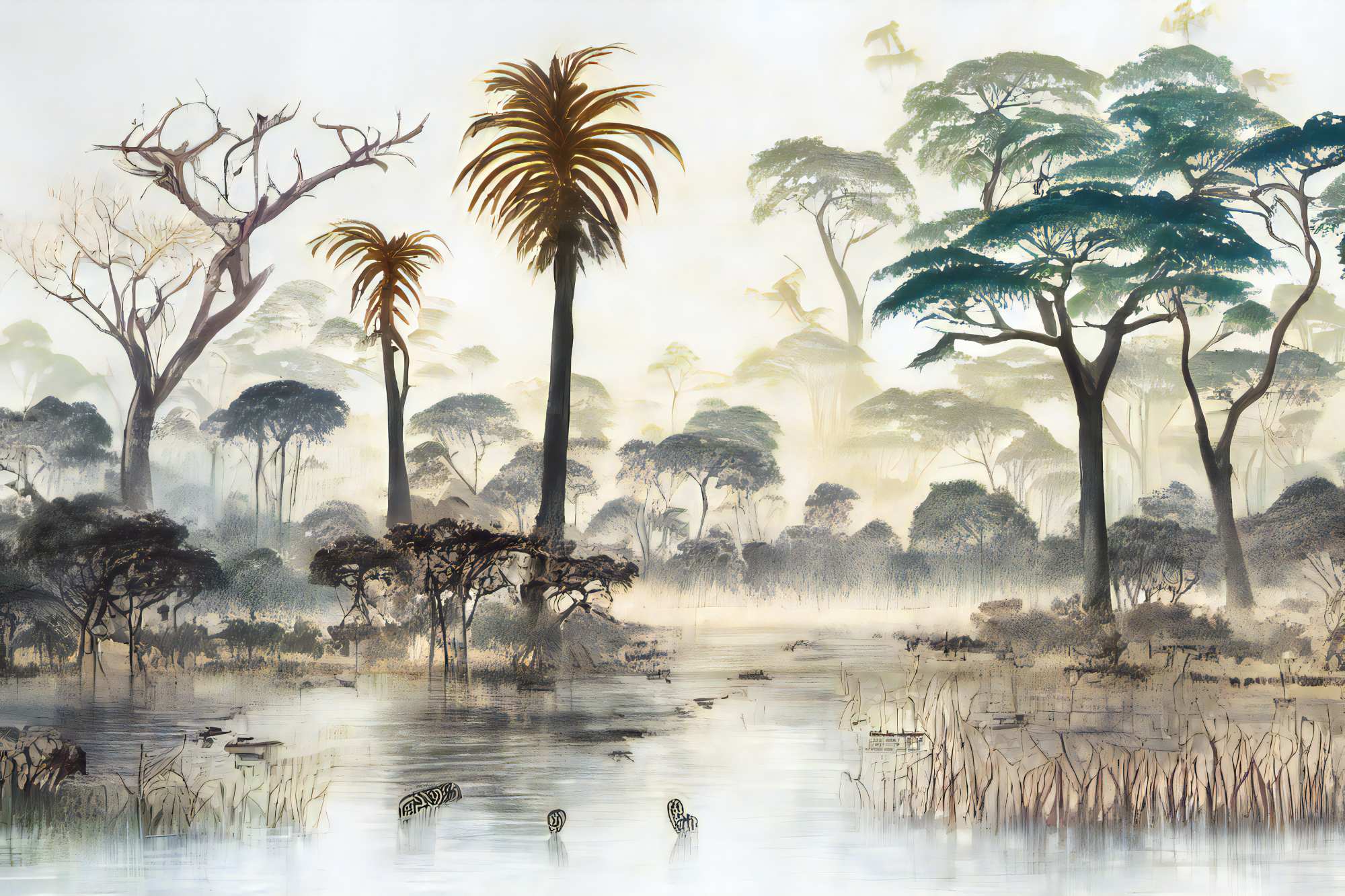 Mural Safari Bliss in Africa 2 Wallpaper and Wall Murals South Africa Mural Safari Bliss in Africa, African wetland landscape in beige, green and brown mural - WallpaperOnline
