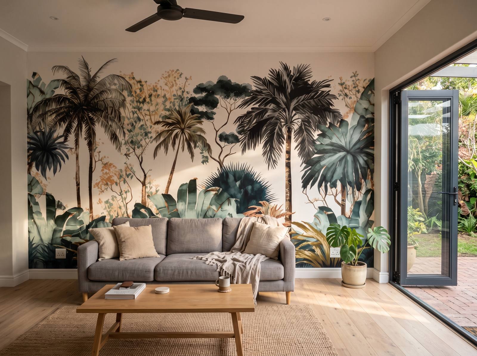 Mural Tropical Watercolor Oasis 1 Wallpaper and Wall Murals South Africa Mural Tropical Watercolor Oasis shown in a living room