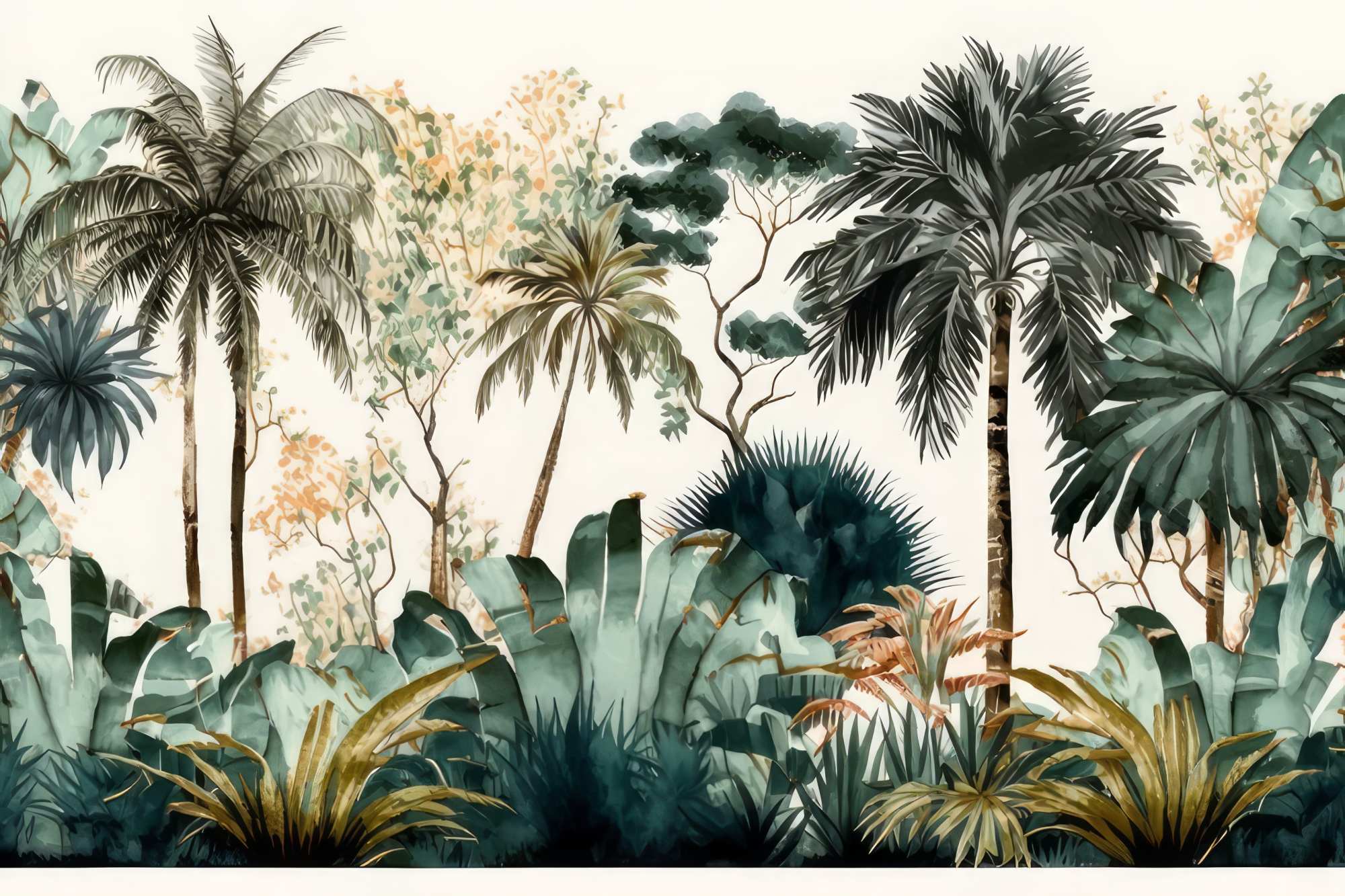 Mural Tropical Watercolor Oasis 2 Wallpaper and Wall Murals South Africa Mural Tropical Watercolor Oasis, tropical palm trees in teal, sage green and cream mural - WallpaperOnline