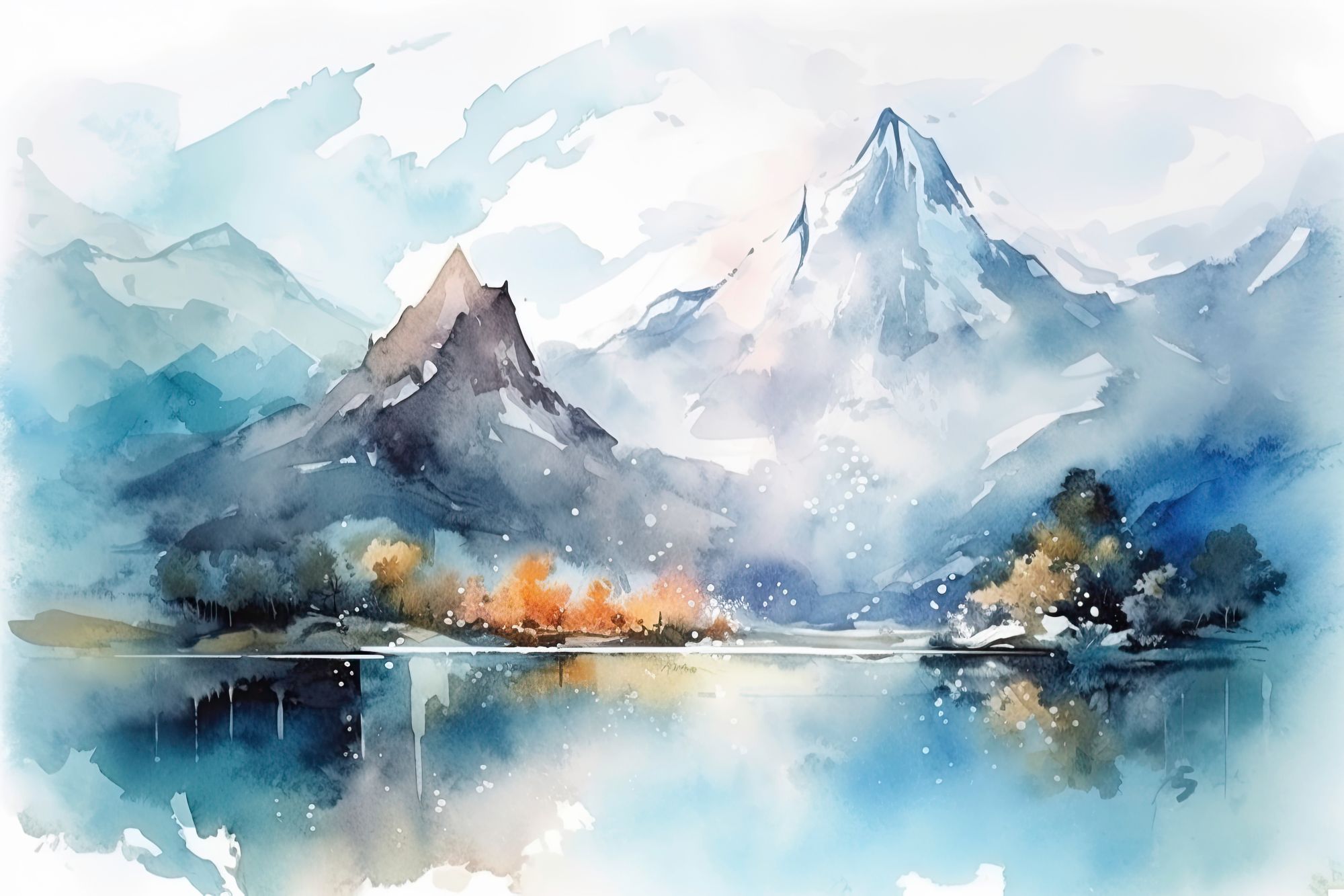 Mural Misty Peaks 2 Wallpaper and Wall Murals South Africa Mural Misty Peaks, mountain landscape in blue, white and orange mural - WallpaperOnline