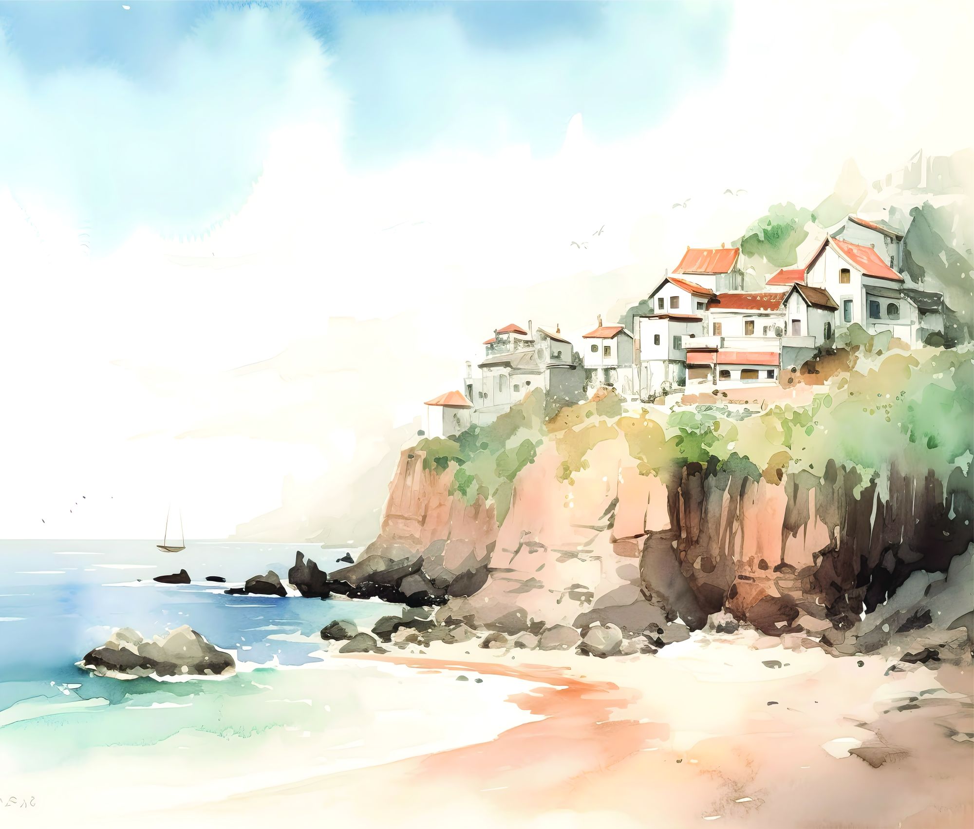 Mural Coastal Village 2 Wallpaper and Wall Murals South Africa Coastal Village, seaside village on cliffs in white, blue and terracotta mural - WallpaperOnline