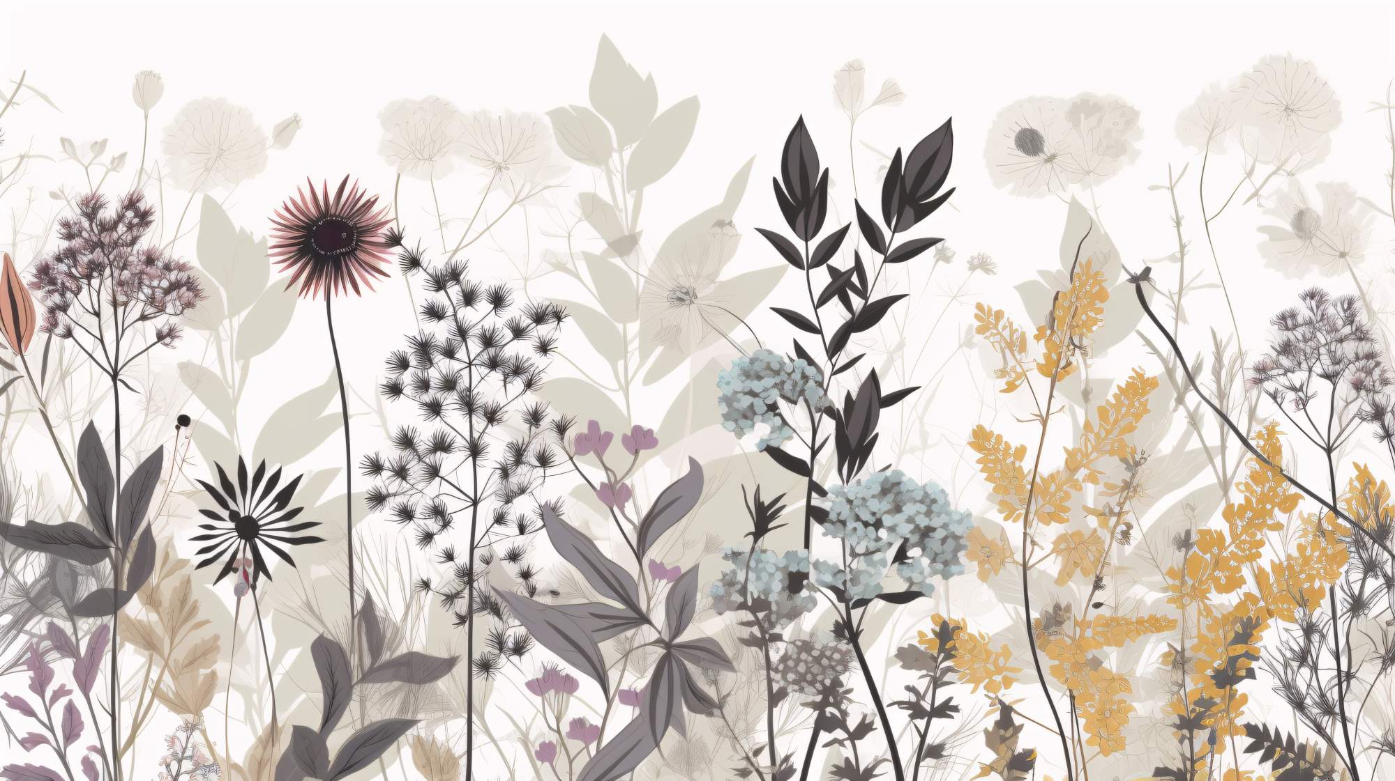 Mural Floral Whispers 2 Wallpaper and Wall Murals South Africa Mural Floral Whispers, pressed wildflowers in black, mustard and dusty rose mural - WallpaperOnline