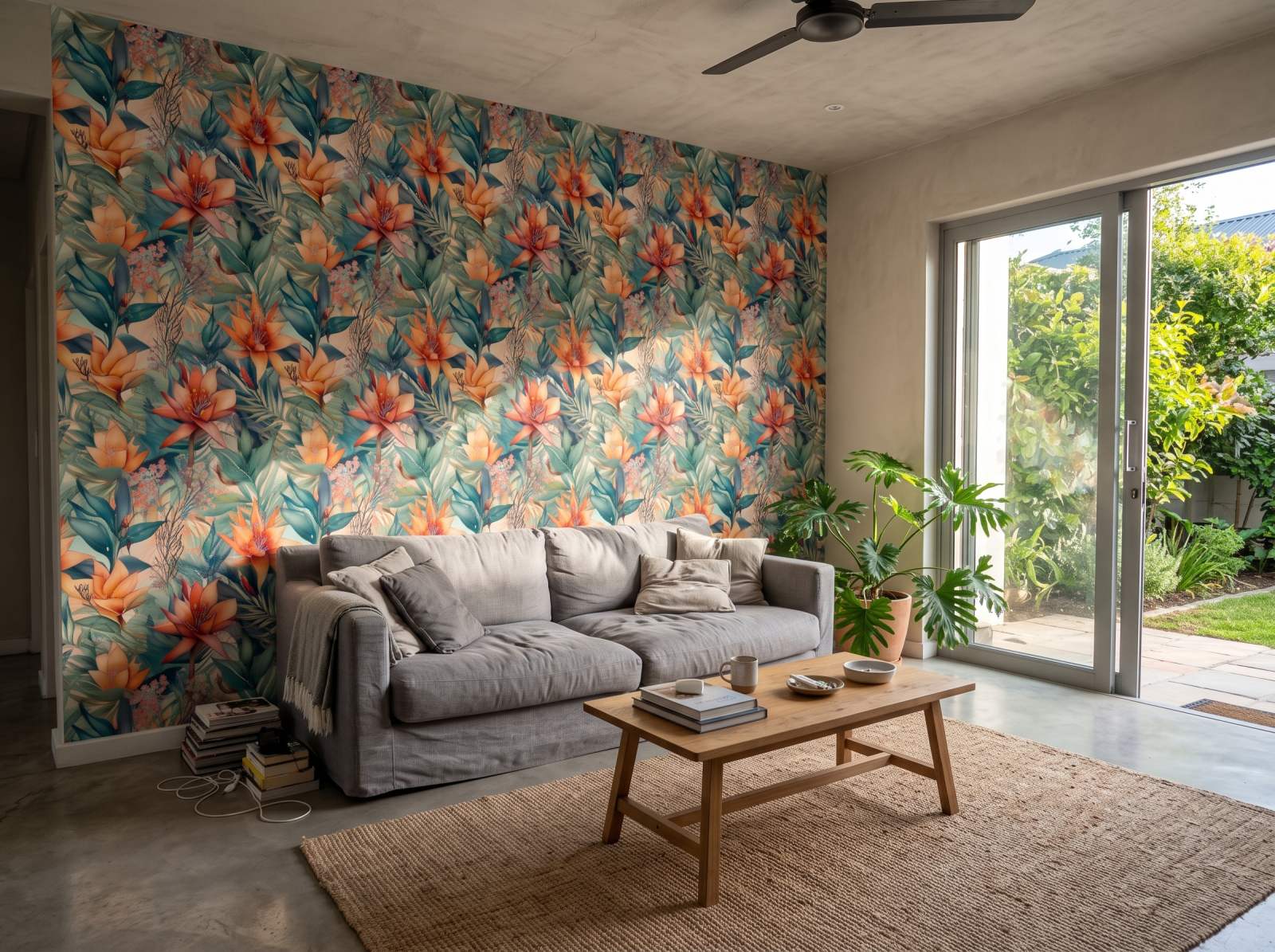 Tropic Blooms Wallpaper 1 Wallpaper and Wall Murals South Africa Tropic Blooms Wallpaper shown in a living room