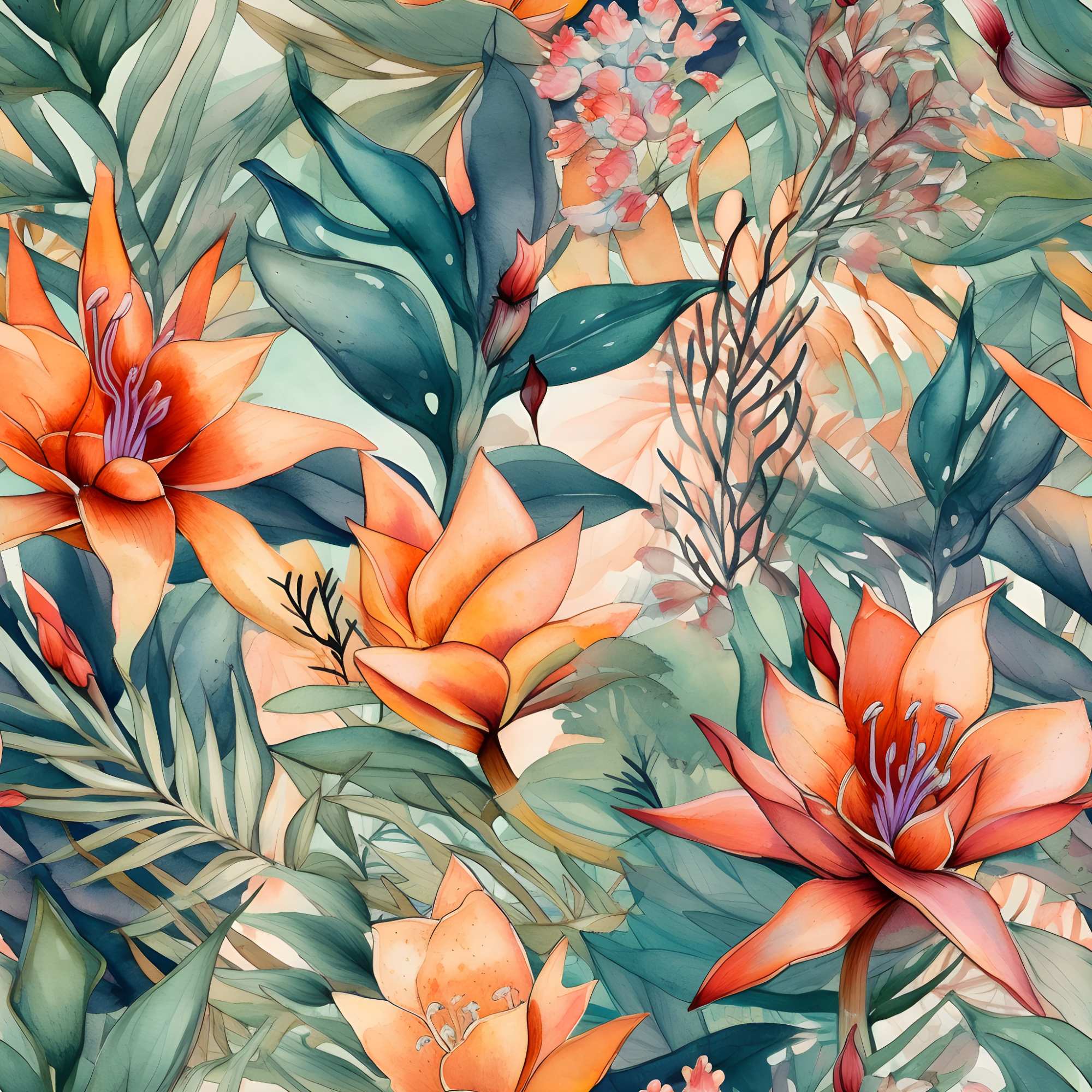 Tropic Blooms Wallpaper 2 Wallpaper and Wall Murals South Africa Tropic Blooms Wallpaper, tropical flowers in orange and teal wallpaper - WallpaperOnline