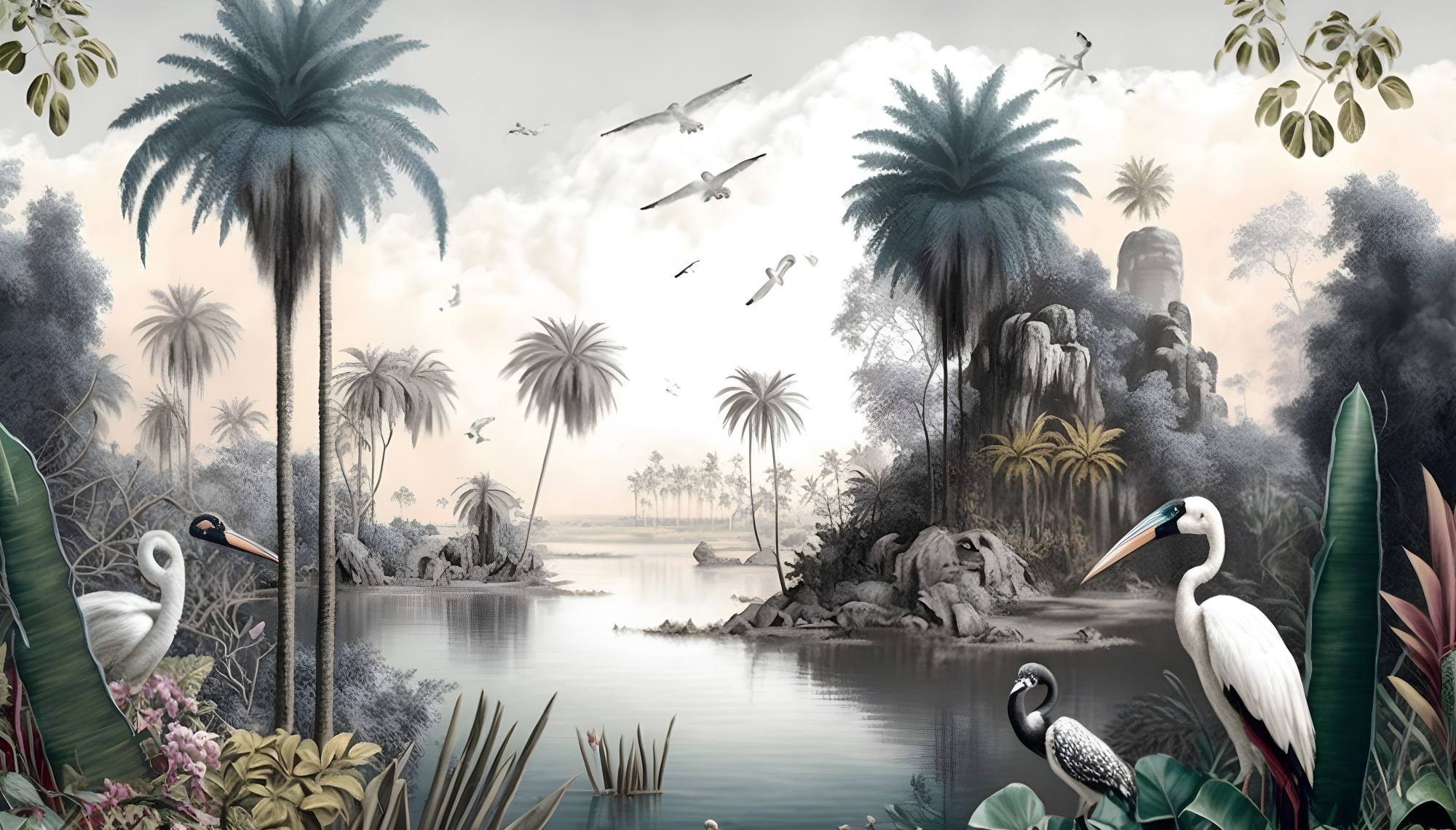 Mural Birds of the Oasis 2 Wallpaper and Wall Murals South Africa Mural Birds of the Oasis, birds in grey and white mural - WallpaperOnline