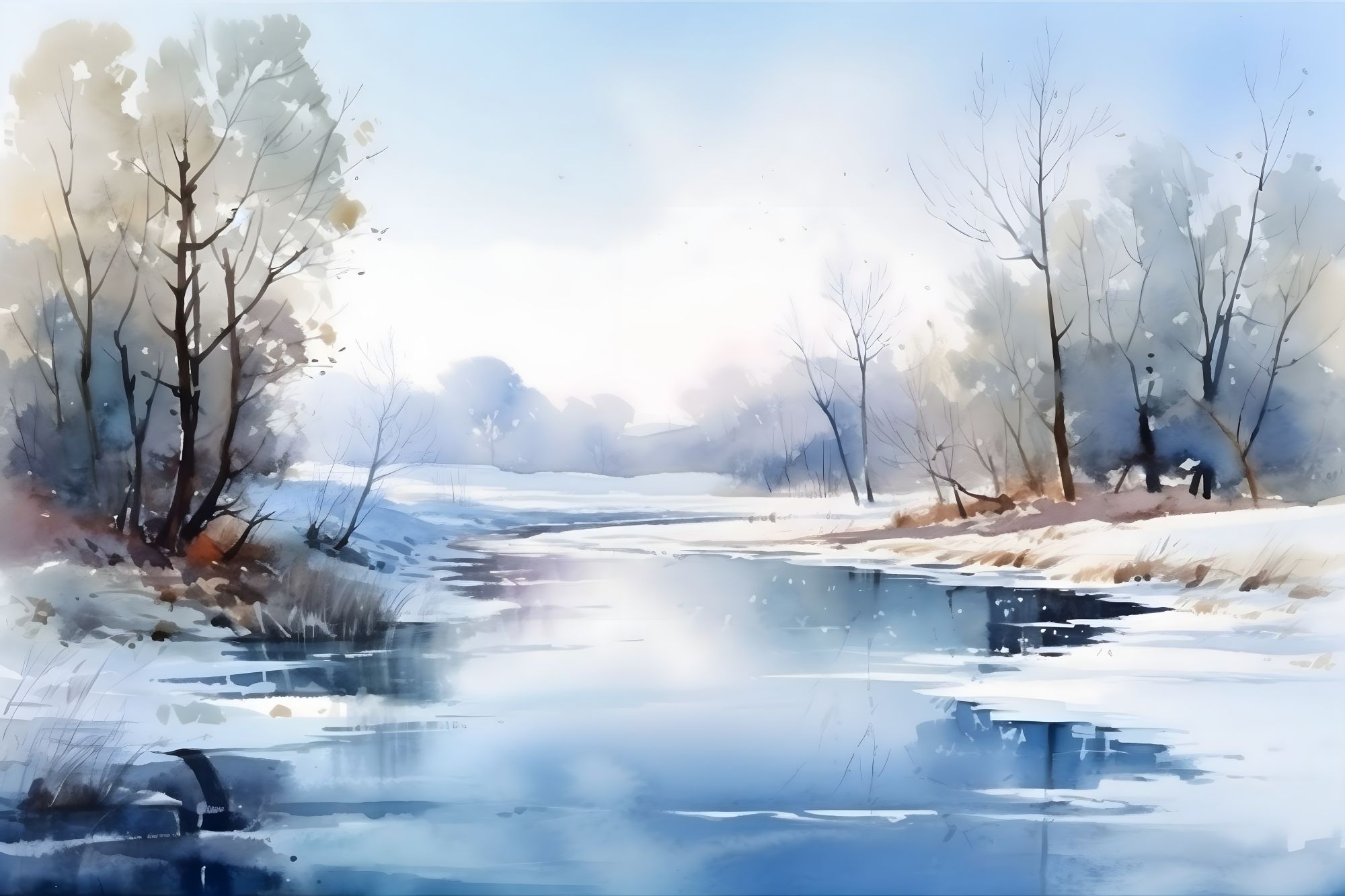 Mural Winter Crystal Reflections 2 Wallpaper and Wall Murals South Africa Winter Crystal Reflections, frozen river winter scene in blue and white mural - WallpaperOnline