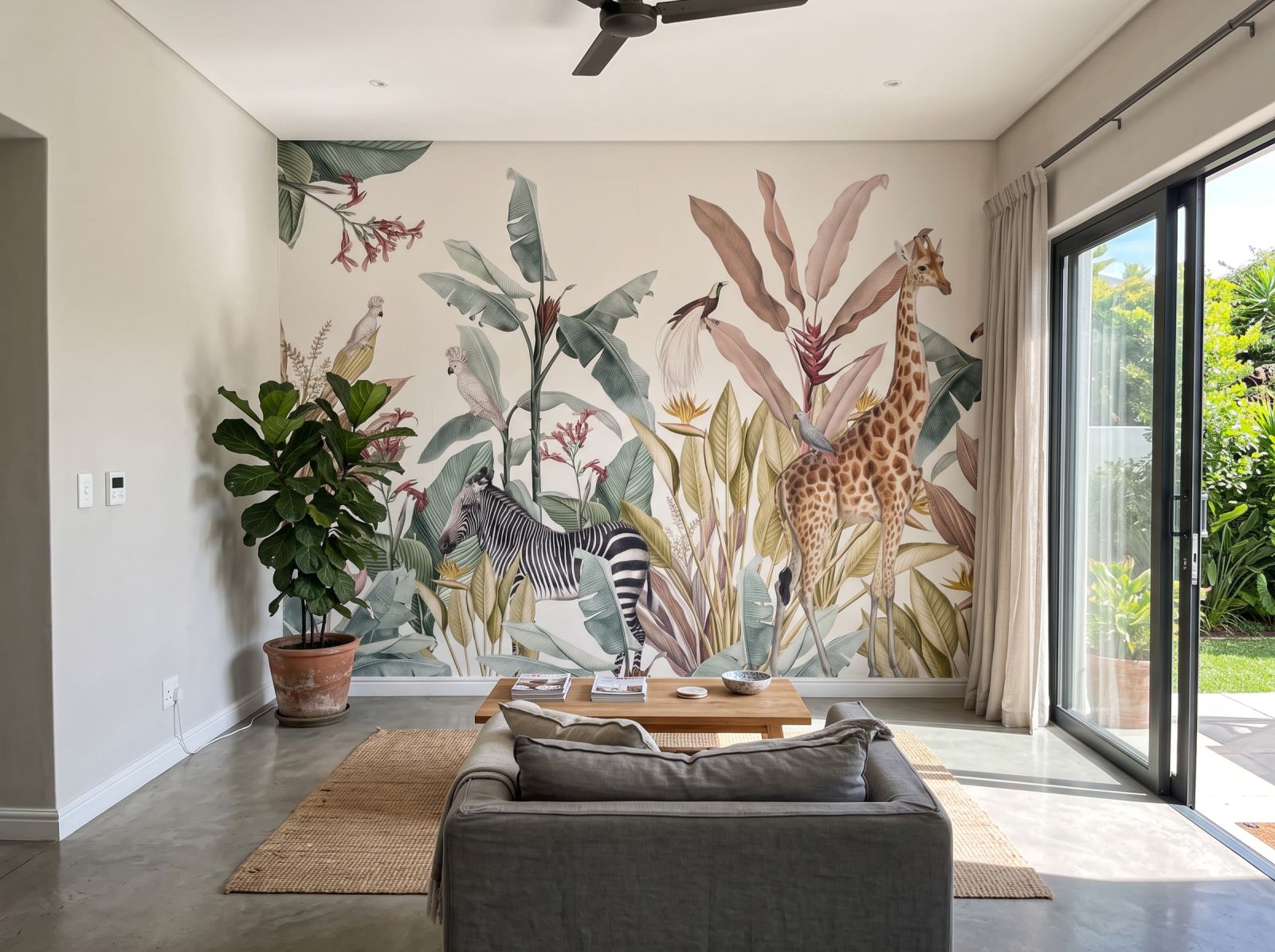 Mural Tropical Animal Paradise 3 Wallpaper and Wall Murals South Africa Mural Tropical Animal Paradise shown in a living room