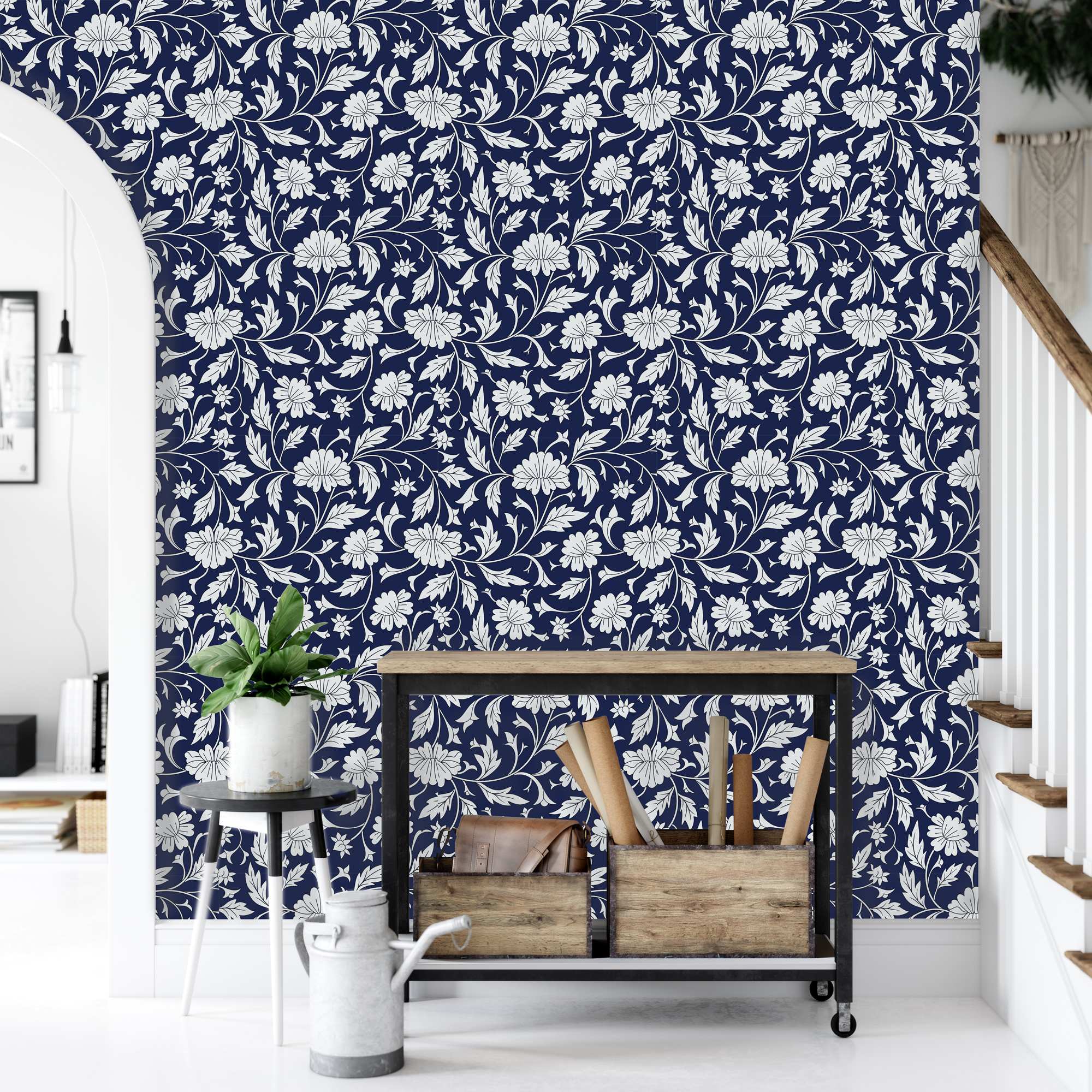 Fediola Wallpaper 2 Wallpaper and Wall Murals South Africa Fediola Wallpaper, floral vine pattern in navy and white wallpaper - WallpaperOnline