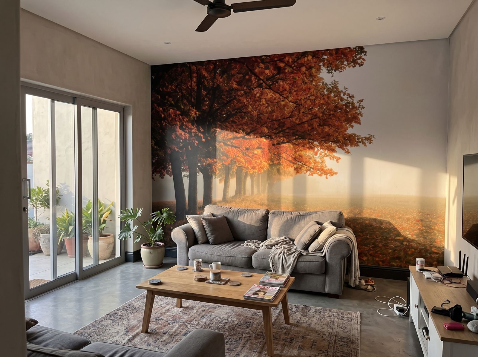 Autumn Stroll Forest Mural 1 Wallpaper and Wall Murals South Africa Autumn Stroll Forest Mural shown in a living room