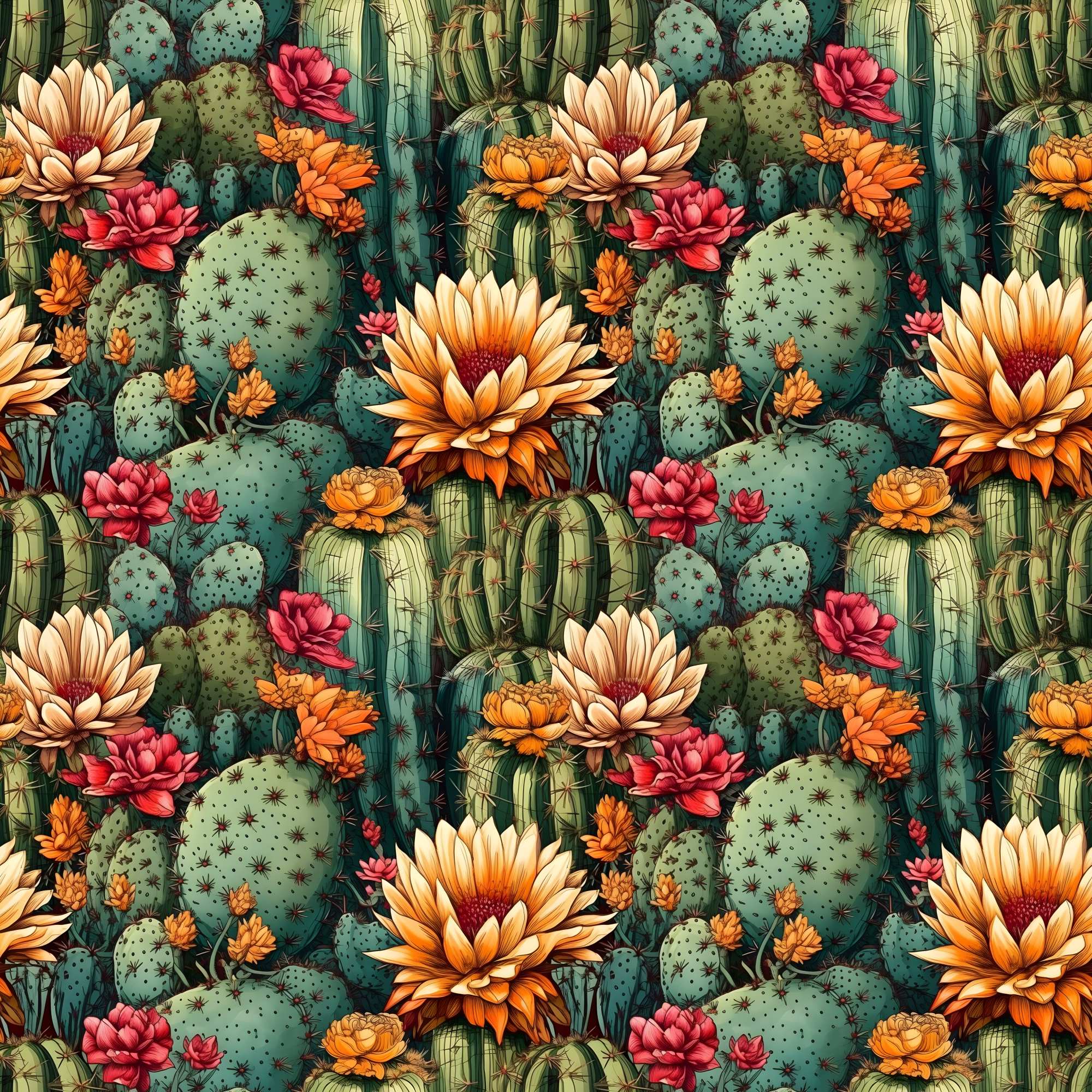 Verde Oasis Wallpaper 2 Wallpaper and Wall Murals South Africa Verde Oasis, flowering cactus garden in green, orange and pink wallpaper - WallpaperOnline