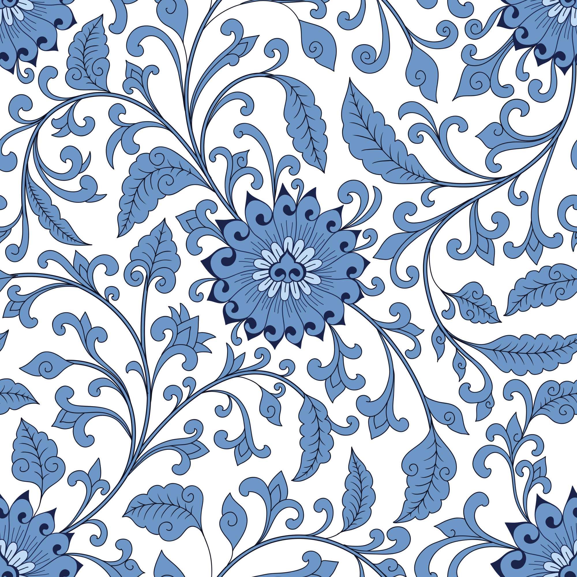 Celicic Wallpaper 1 Wallpaper and Wall Murals South Africa Celicic Wallpaper, floral scroll with central bloom in blue, white and navy wallpaper - WallpaperOnline