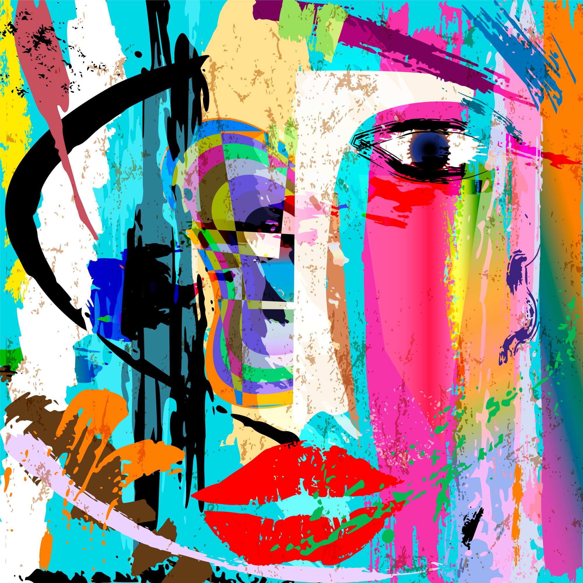 Mural Incognito 2 Wallpaper and Wall Murals South Africa Mural Incognito, abstract face in turquoise, pink and orange mural - WallpaperOnline