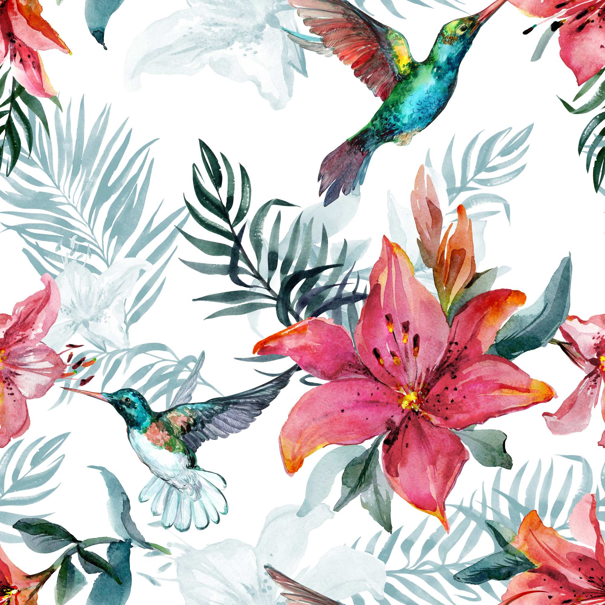 Feathered Friends Light Wallpaper 2 Wallpaper and Wall Murals South Africa Feathered Friends Light, hummingbirds and tropical lilies in pink and grey wallpaper - WallpaperOnline