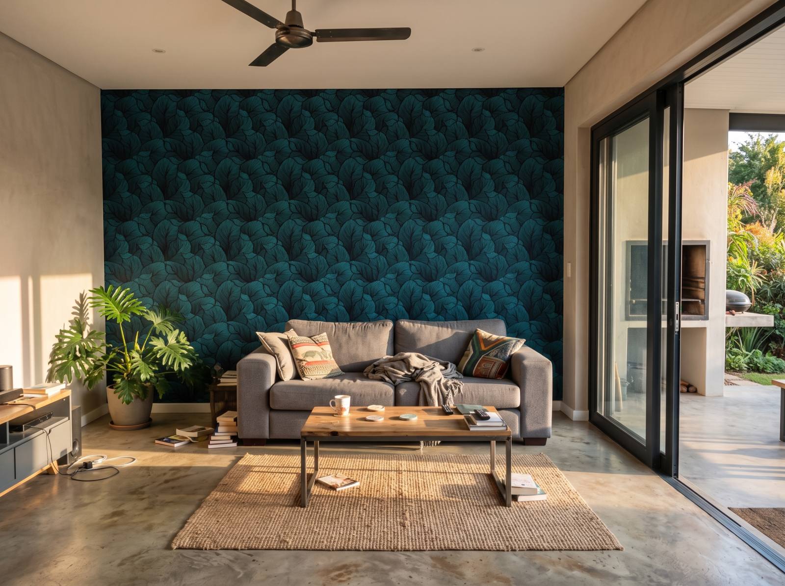 Teal Jungle Wallpaper 1 Wallpaper and Wall Murals South Africa Teal Jungle Wallpaper shown in a living room