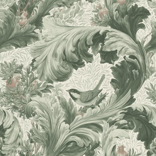 Acanthus Scroll Tonal Sage, acanthus leaf scrollwork with bird in sage green and cream wallpaper - WallpaperOnline