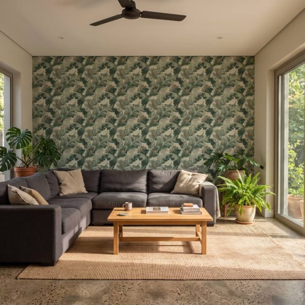 Acanthus Scroll Heritage Green shown in a living room