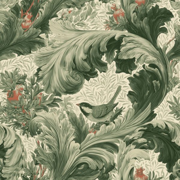 Acanthus Scroll Heritage Green, bird and acanthus leaves in green and cream wallpaper - WallpaperOnline