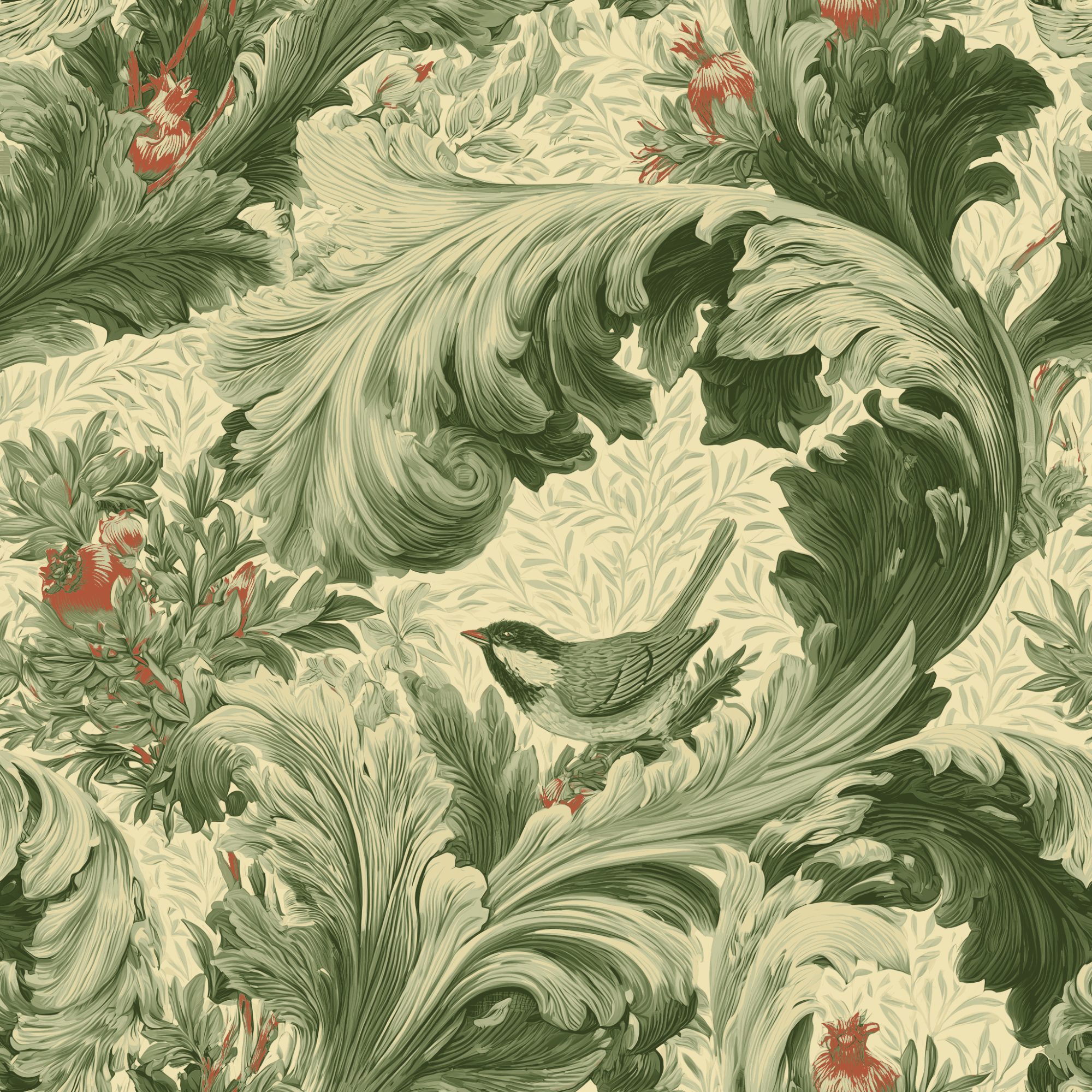 Acanthus Scroll Butter Clay 1 Wallpaper and Wall Murals South Africa Acanthus Scroll Butter Clay, bird in sage green and clay wallpaper - WallpaperOnline
