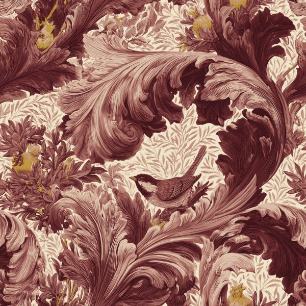 Acanthus Scroll Madder, bird in acanthus leaves in madder red and dusty pink wallpaper - WallpaperOnline