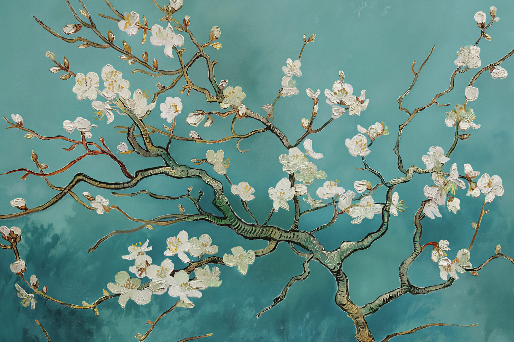 Almond Blossom Mural 2 Wallpaper and Wall Murals South Africa Almond Blossom Mural, blossom branch in teal and white mural - WallpaperOnline