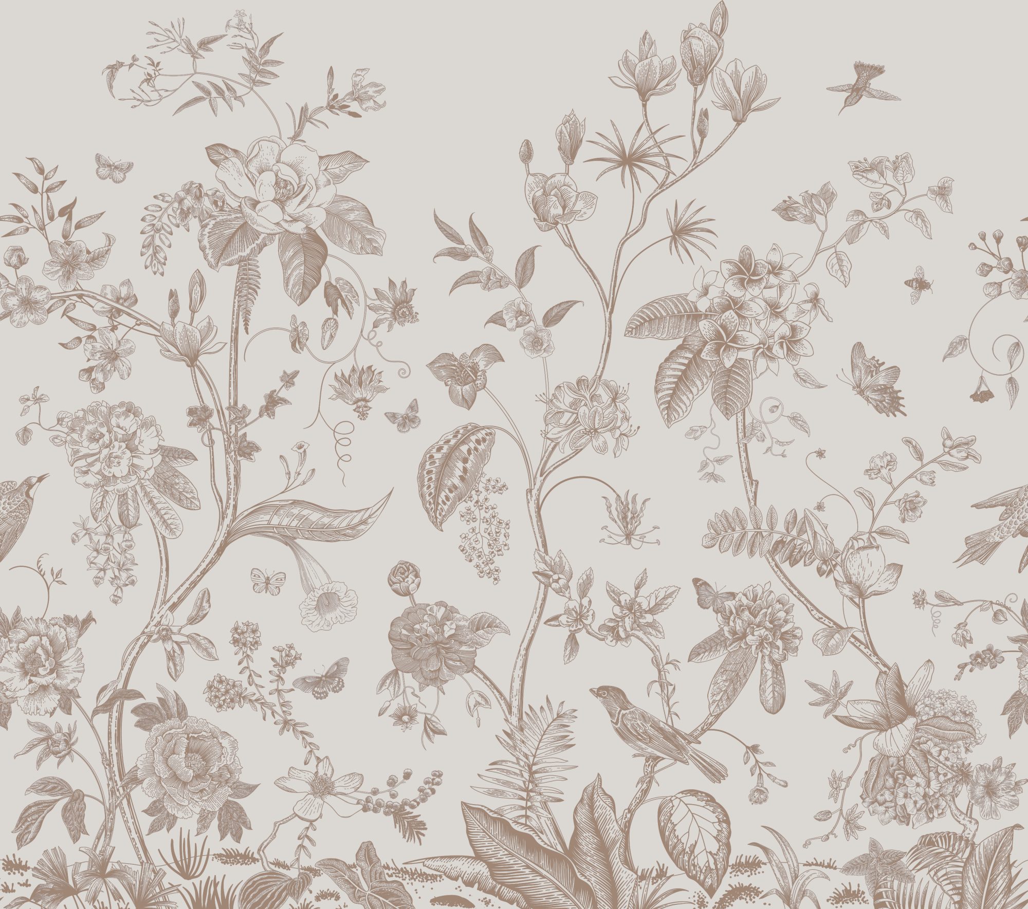Babylon Mural Mocha 2 Wallpaper and Wall Murals South Africa Babylon Mural Mocha, botanical birds and flowers in mocha and stone mural - WallpaperOnline