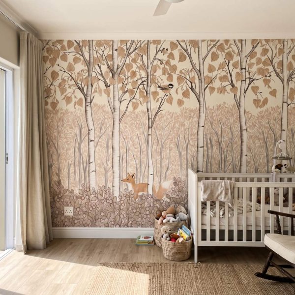 Birch Forest Kids Mural Antique shown in a living room