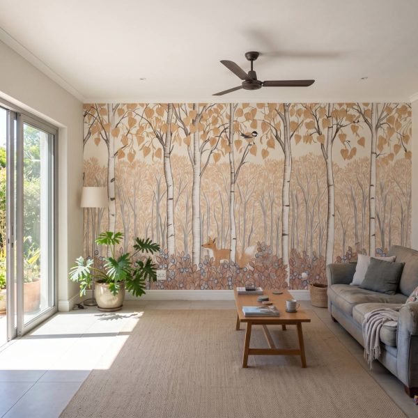 Birch Forest Kids Mural Autumn shown in a living room