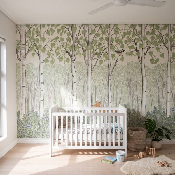 Birch Forest Kids Mural Spring shown in a living room