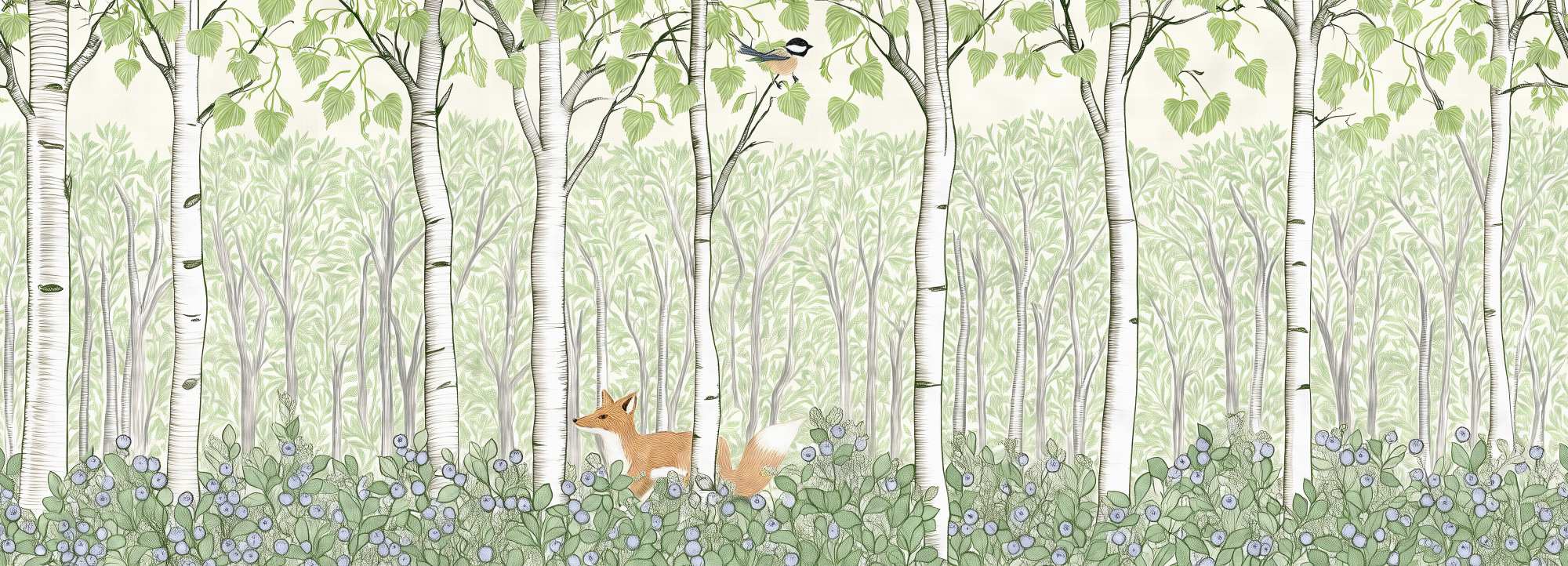 Birch Forest Kids Mural Spring 2 Wallpaper and Wall Murals South Africa Birch Forest Kids Mural Spring, fox and chickadee in green and cream mural - WallpaperOnline