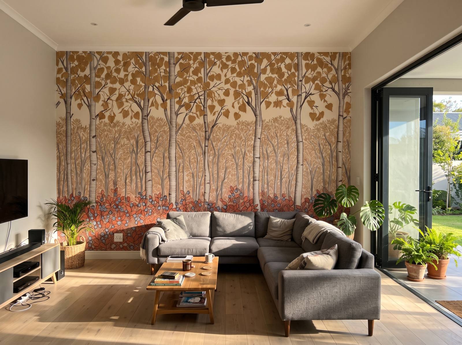 Birchberry Forest Mural Autumn 1 Wallpaper and Wall Murals South Africa Birchberry Forest Mural Autumn shown in a living room