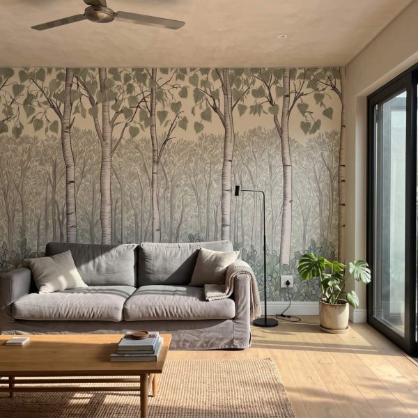 test color filter 14 Wallpaper and Wall Murals South Africa Birchberry Forest Mural Sage shown in a living room
