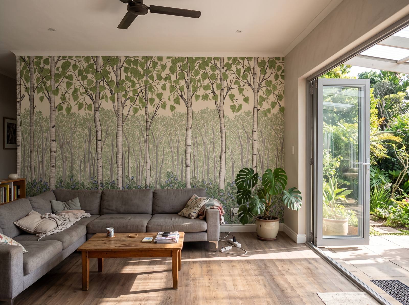 Birchberry Forest Mural Spring 1 Wallpaper and Wall Murals South Africa Birchberry Forest Mural Spring shown in a living room
