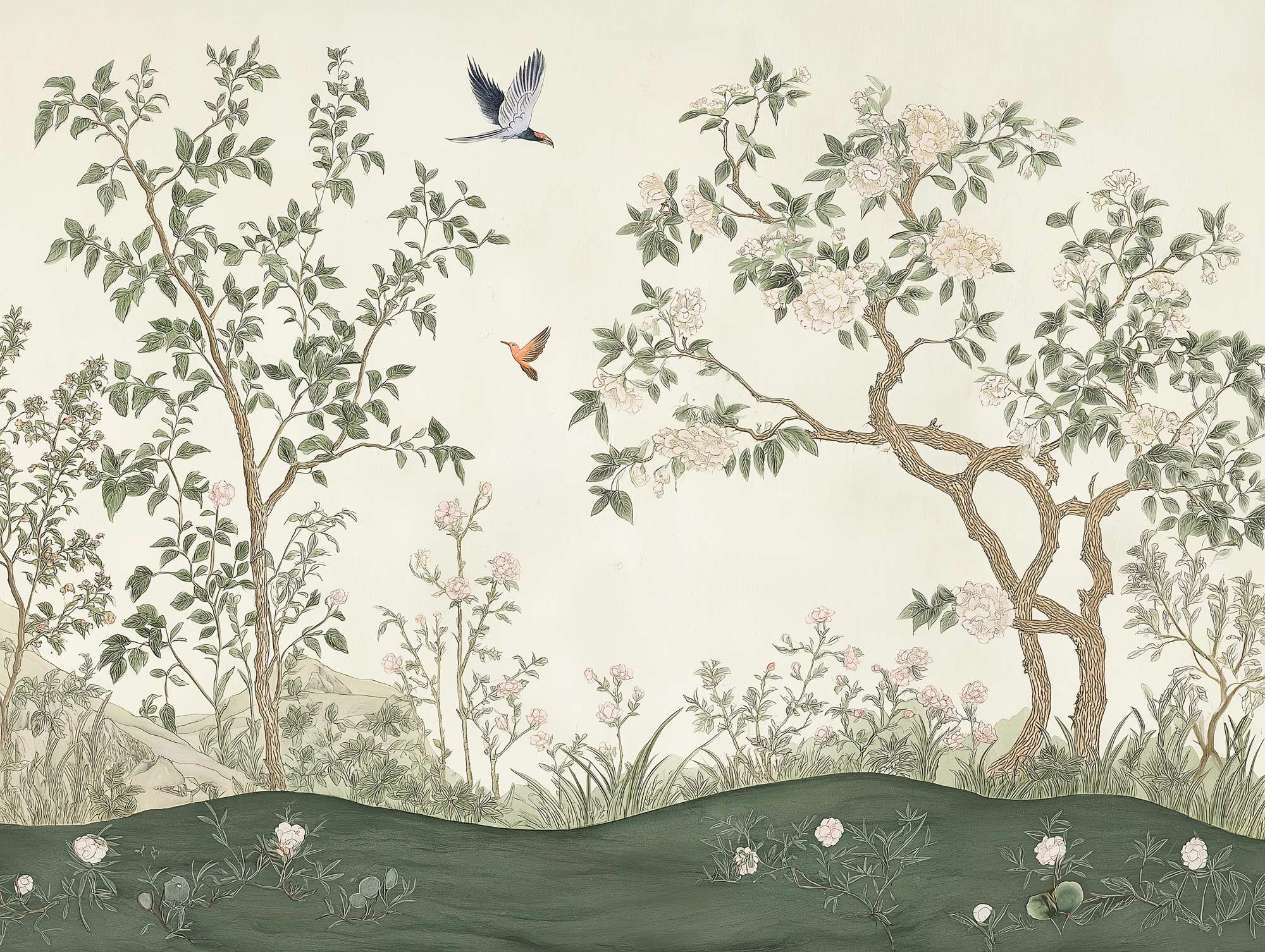 Chinois Flower Wall Mural 2 Wallpaper and Wall Murals South Africa Chinois Flower Wall Mural, blossom trees and birds in flight in cream and green mural - WallpaperOnline