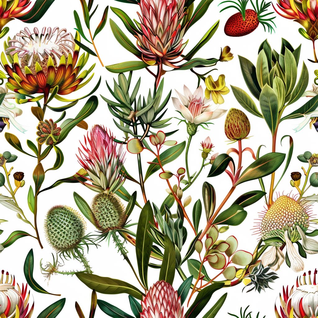 Fynbos in Detail Wallpaper 2 Wallpaper and Wall Murals South Africa Fynbos in Detail Wallpaper, protea and fynbos flowers in green and red wallpaper - WallpaperOnline