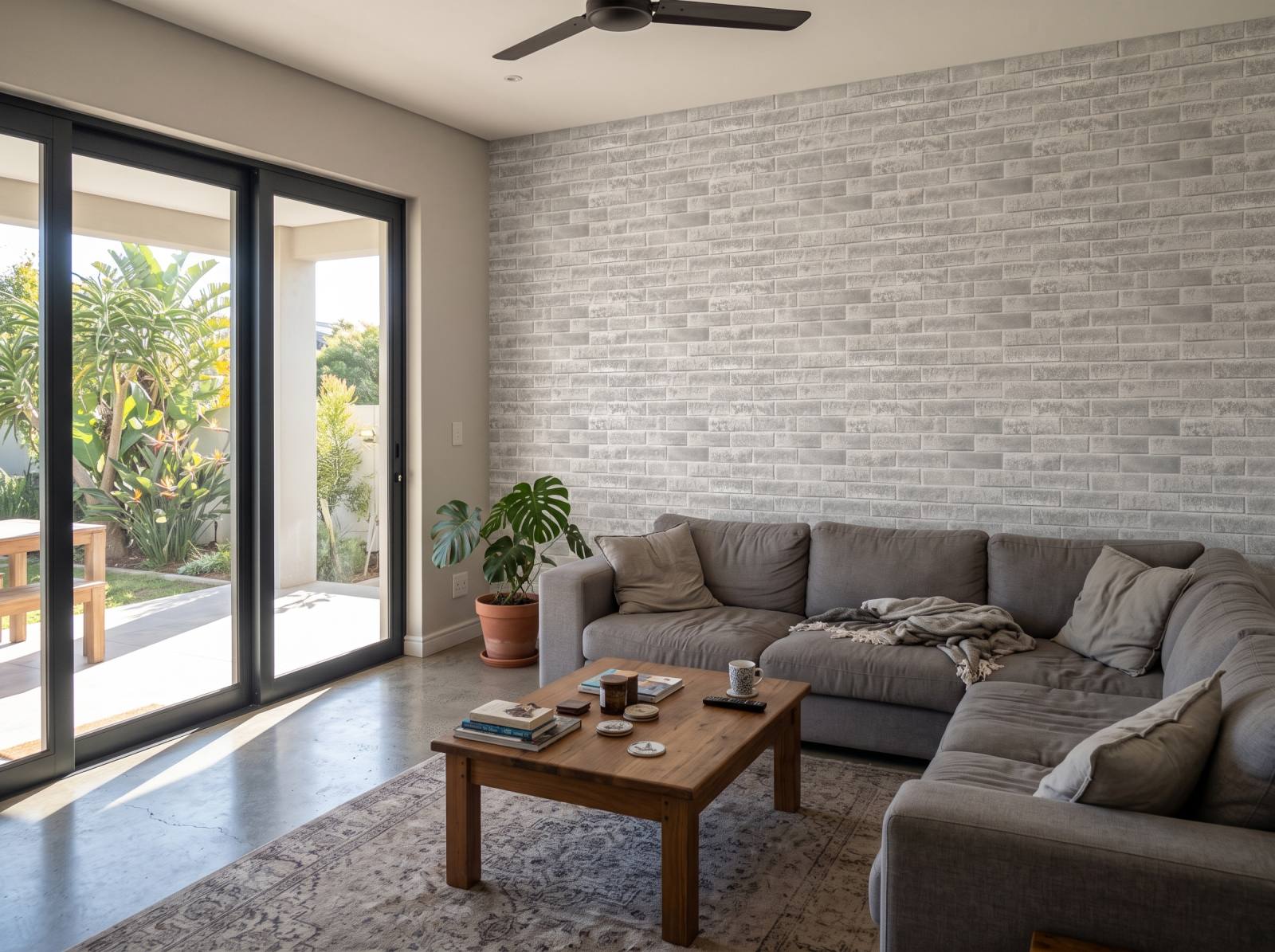 Light Grey Bricks Wallpaper 1 Wallpaper and Wall Murals South Africa Light Grey Bricks Wallpaper shown in a living room
