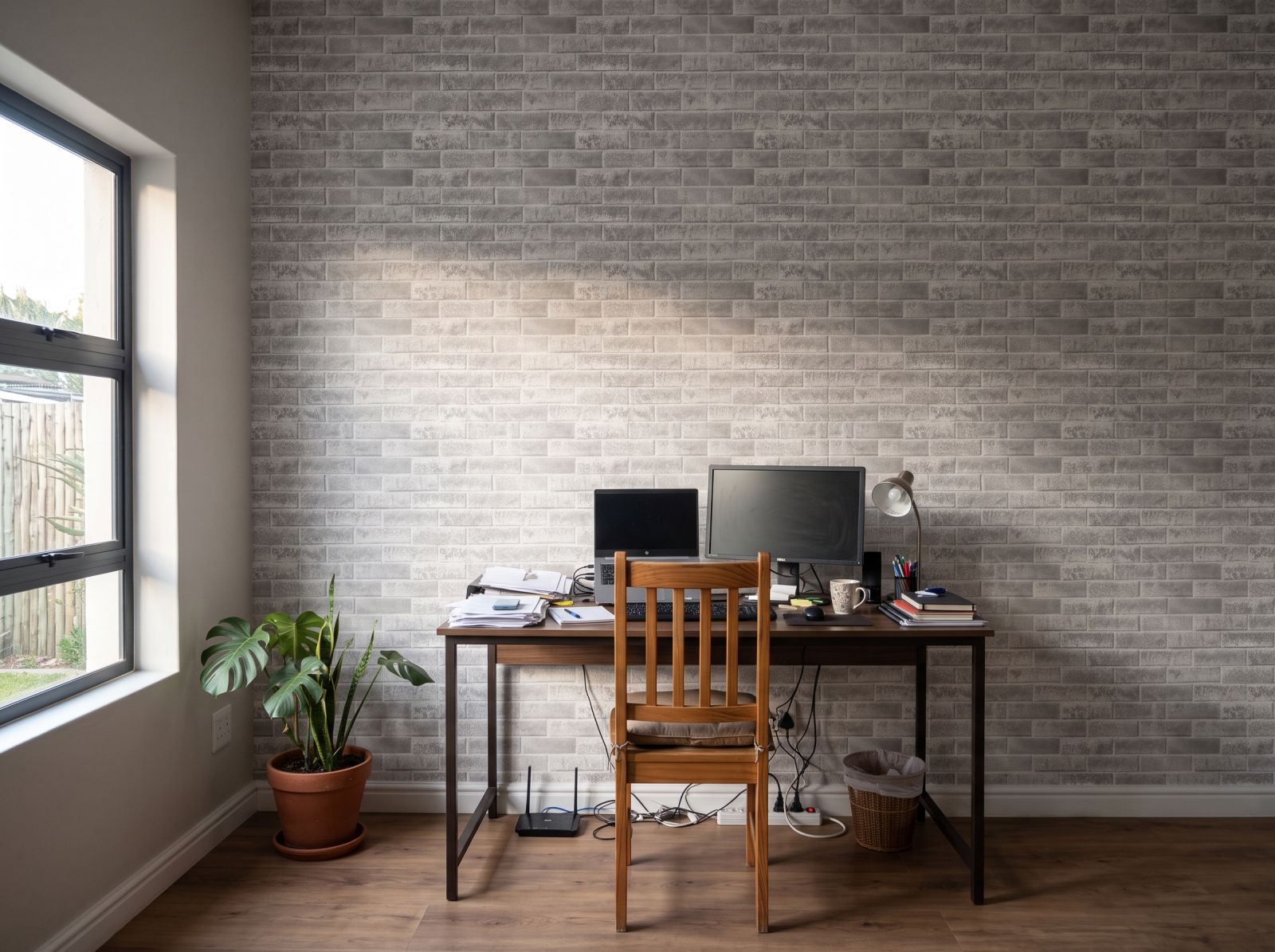 Light Grey Bricks Wallpaper 3 Wallpaper and Wall Murals South Africa Light Grey Bricks Wallpaper shown in a home office