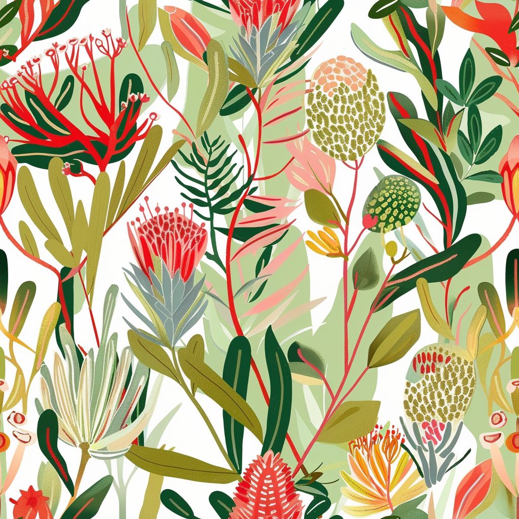 Mural Fynbos in Bloom 2 Wallpaper and Wall Murals South Africa Fynbos in Bloom, protea and pincushion flora in red, green and white mural - WallpaperOnline
