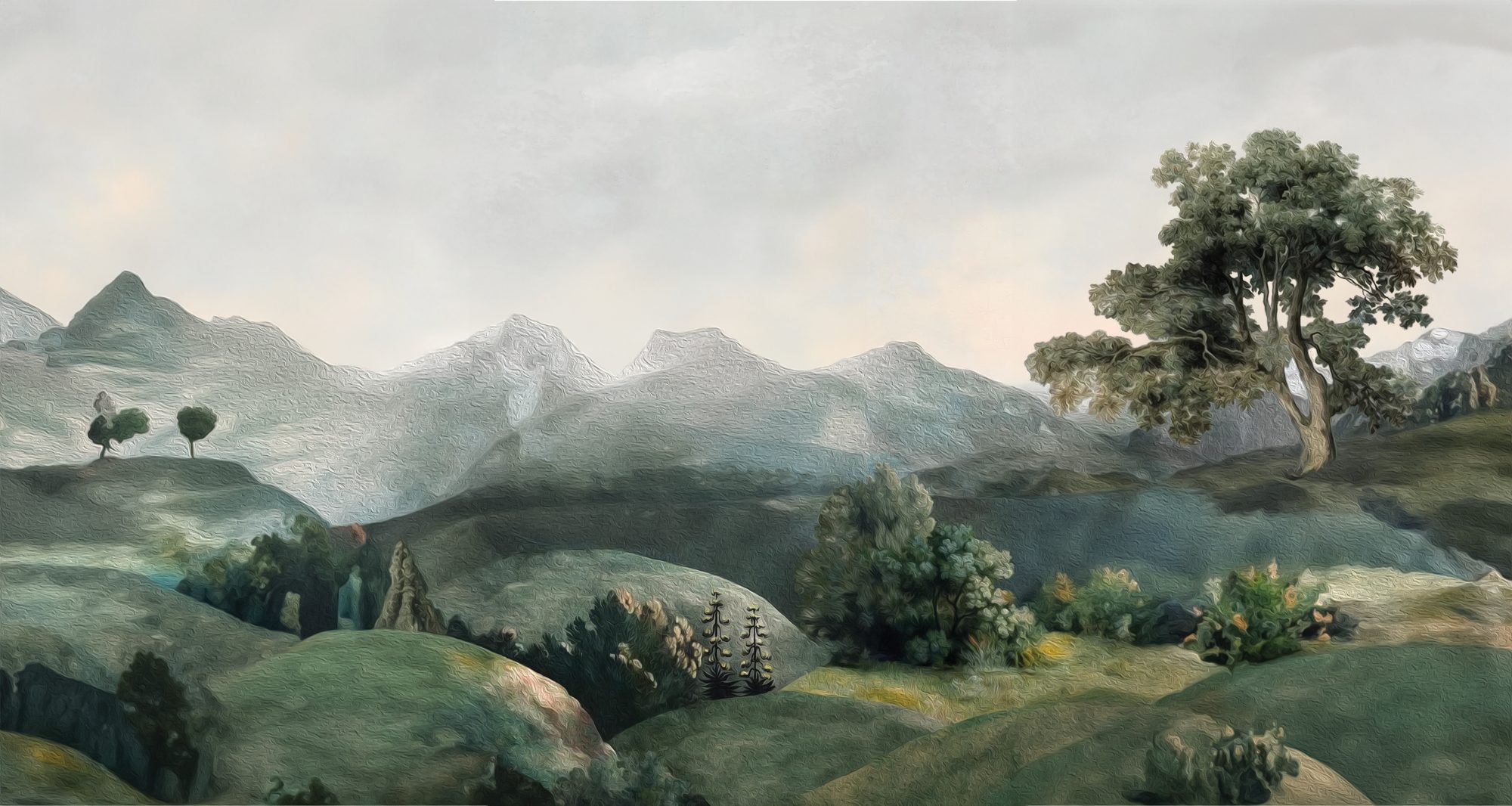 Tree Atop a Hill in Oil Mural 2 Wallpaper and Wall Murals South Africa Tree Atop A Hill, hillside landscape with tree in green and grey-blue mural - WallpaperOnline