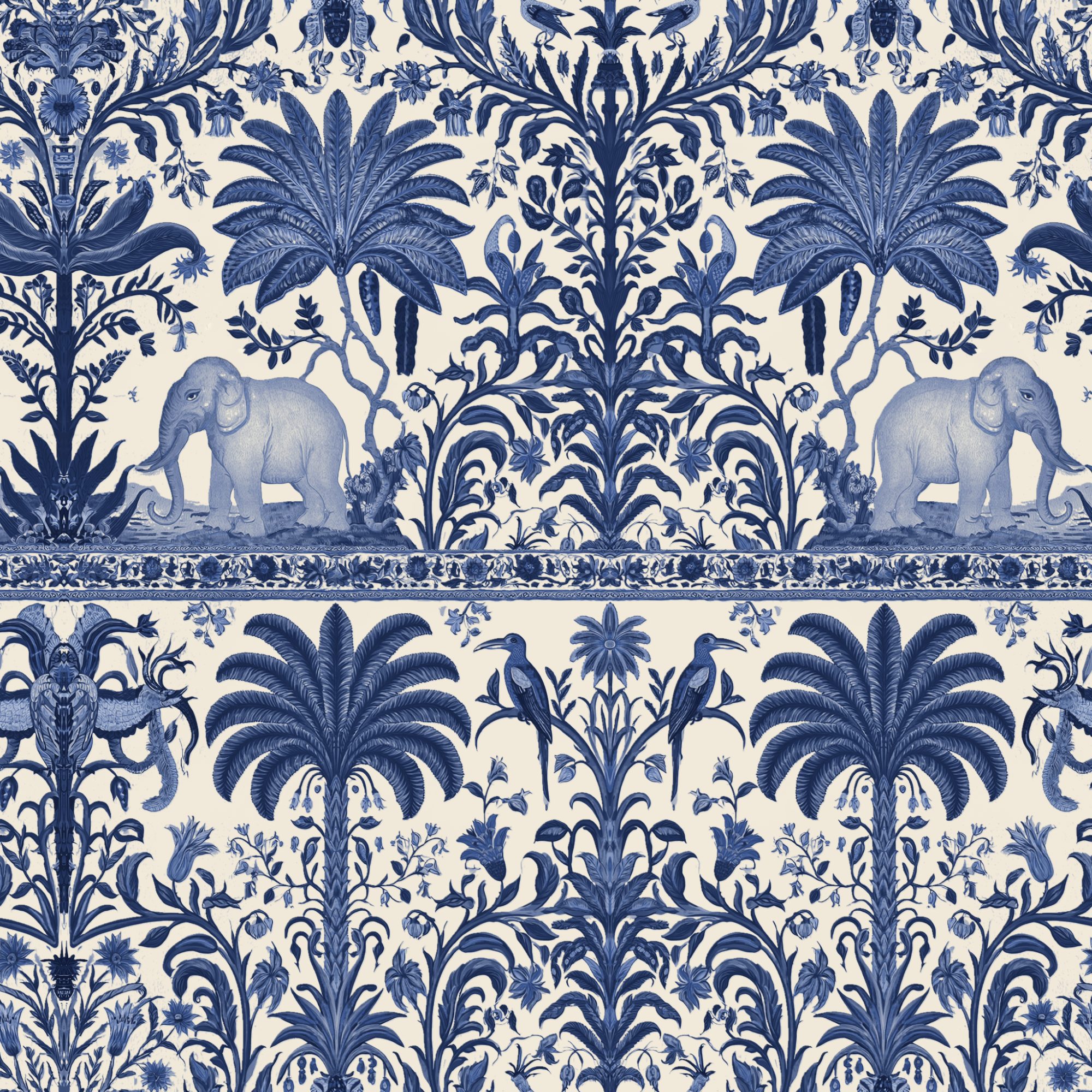 Delft Blue Elephants 2 Wallpaper and Wall Murals South Africa Delft Blue Elephants, elephants and palm trees in blue and cream wallpaper - WallpaperOnline