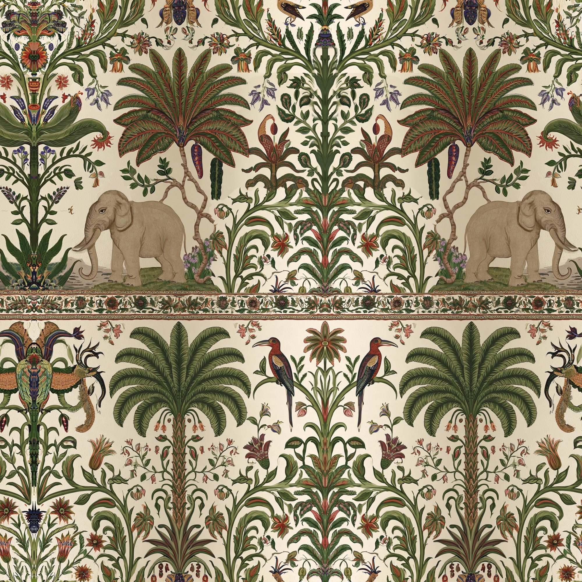 Elephant Garden Procession 2 Wallpaper and Wall Murals South Africa Elephant Garden Procession, elephants and birds in green and ivory wallpaper - WallpaperOnline