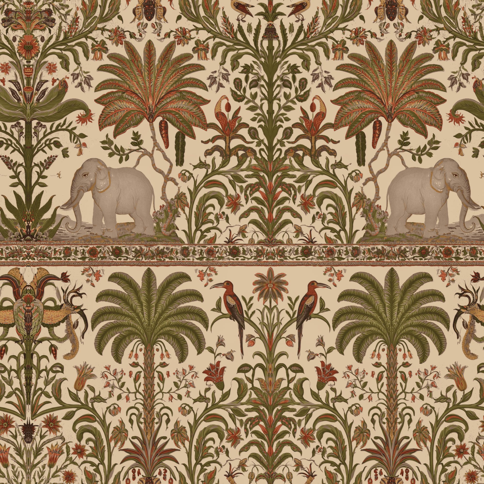 Elephants Under the Palms 2 Wallpaper and Wall Murals South Africa Elephants Under the Palms, elephants and birds in olive and terracotta wallpaper - WallpaperOnline